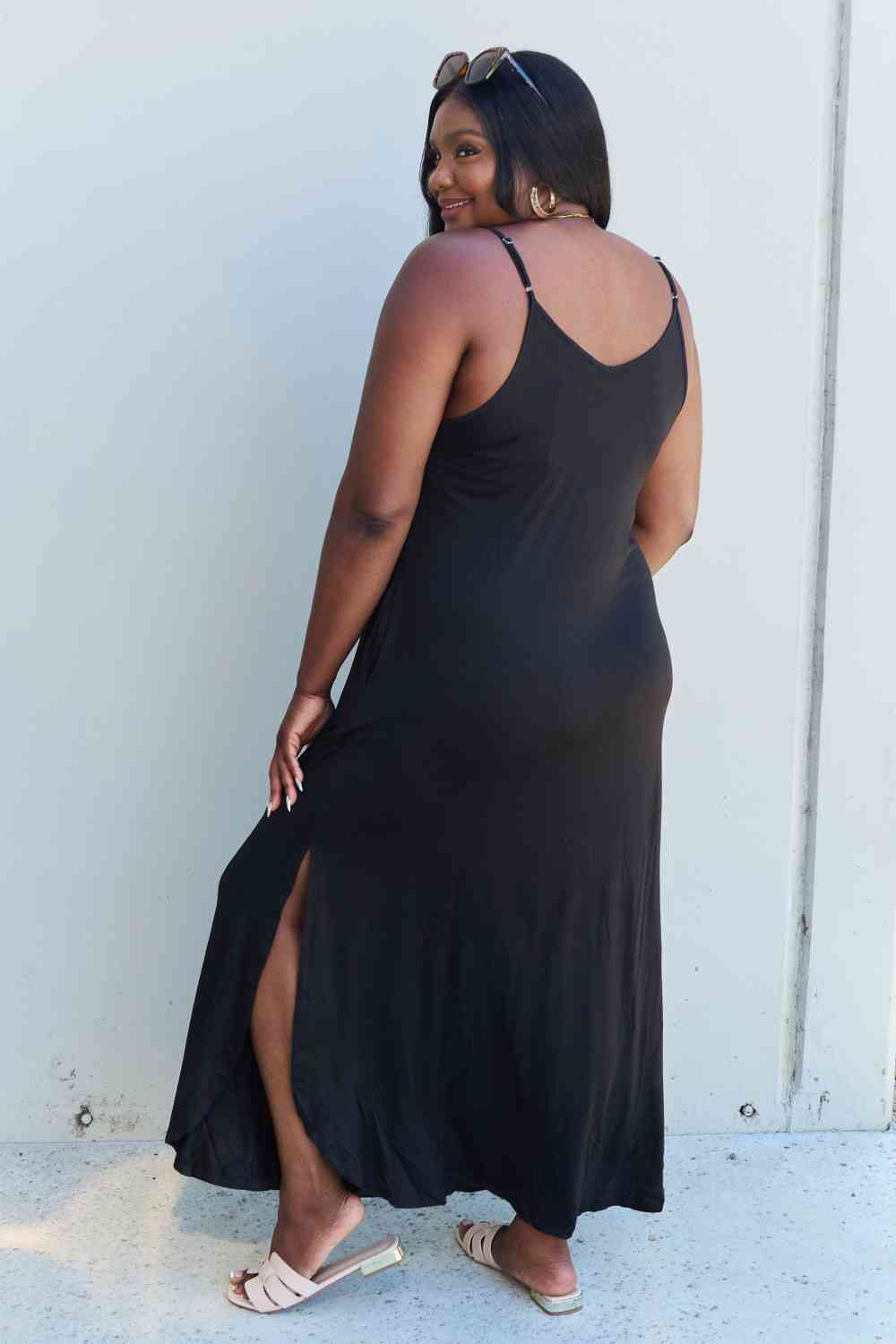 Ninexis Good Energy Full Size Cami Side Slit Maxi Dress in Black-Teresa&#39;s Fashionista LLC