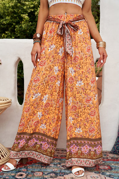 Bohemian Tie Waist Palazzo Pants-Teresa&#39;s Fashionista LLC