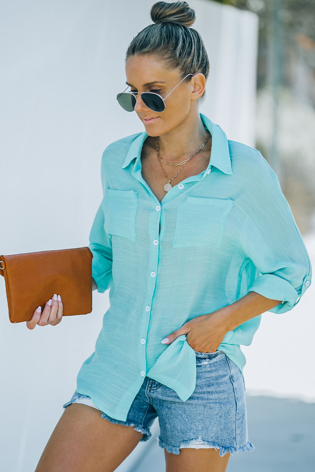 Button-Up Shirt with Breast Pockets-Teresa&#39;s Fashionista LLC