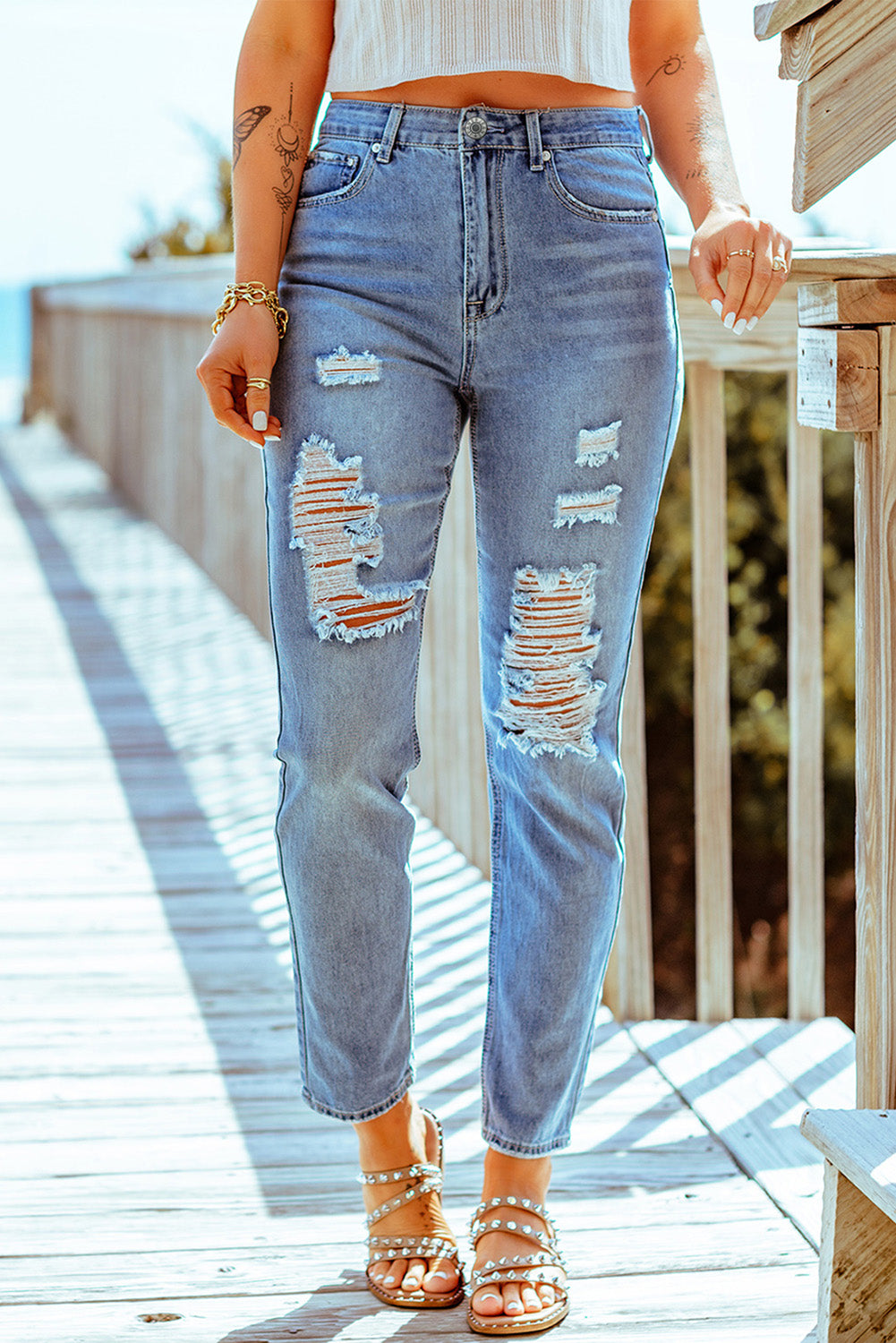 Distressed Ankle-Length Straight Leg Jeans-Teresa&#39;s Fashionista LLC