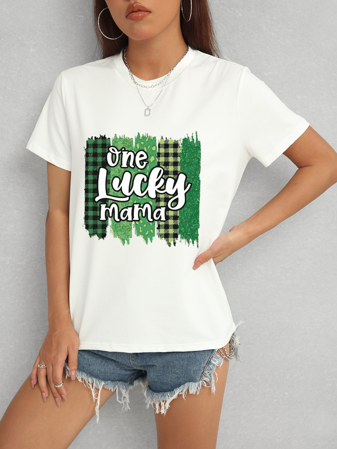 ONE LUCKY MAMA Round Neck T-Shirt-Teresa&#39;s Fashionista LLC