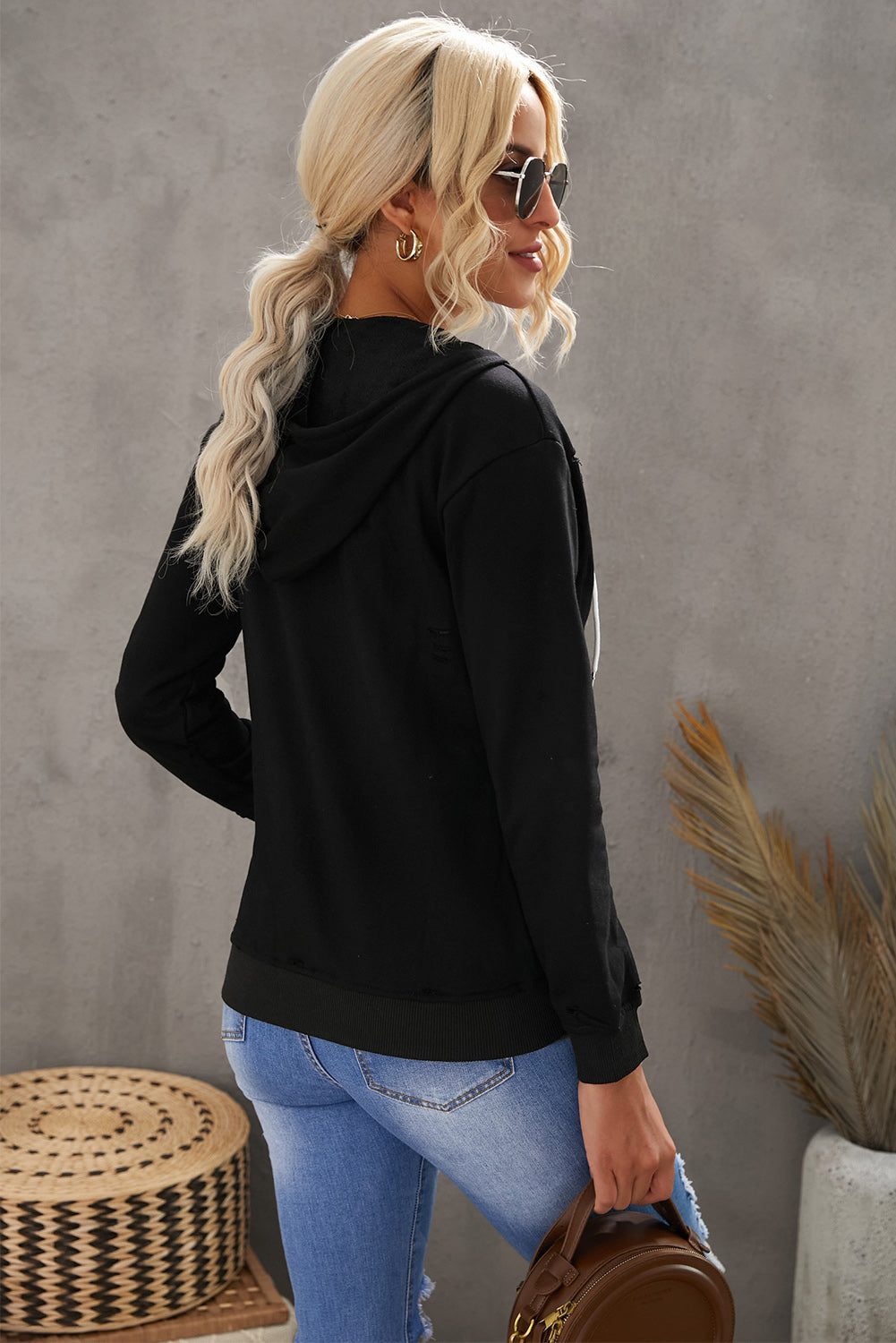 Distressed Zip Up Drawstring Detail Hoodie-Teresa&#39;s Fashionista LLC