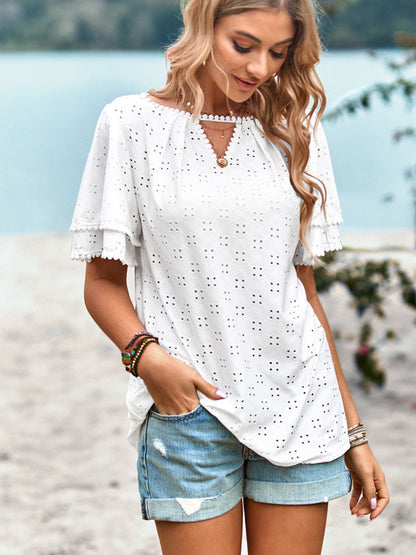 Eyelet Round Neck Puff Sleeve Blouse-Teresa&#39;s Fashionista LLC