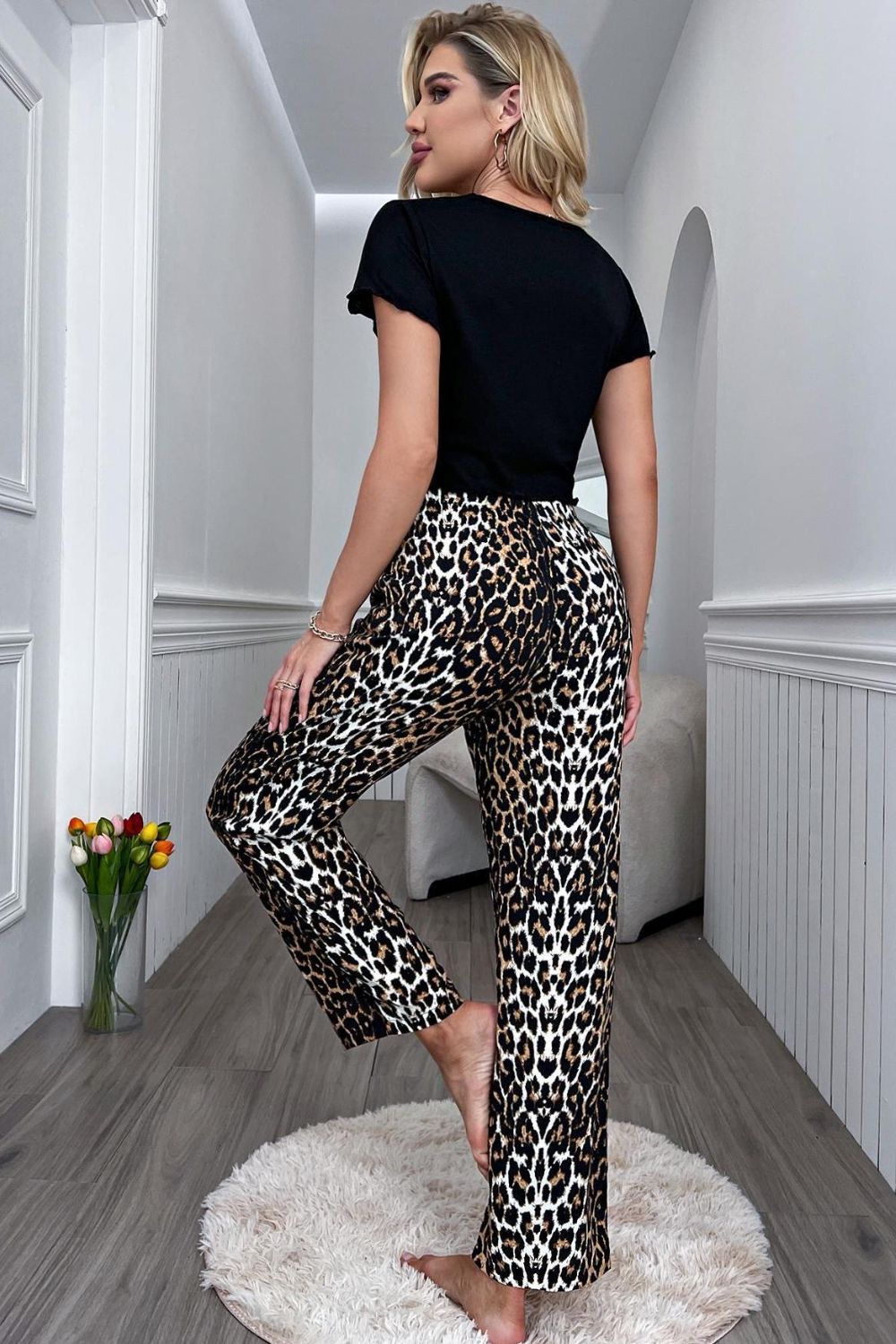 Lettuce Trim Cropped T-Shirt and Leopard Pants Lounge Set-Teresa&#39;s Fashionista LLC