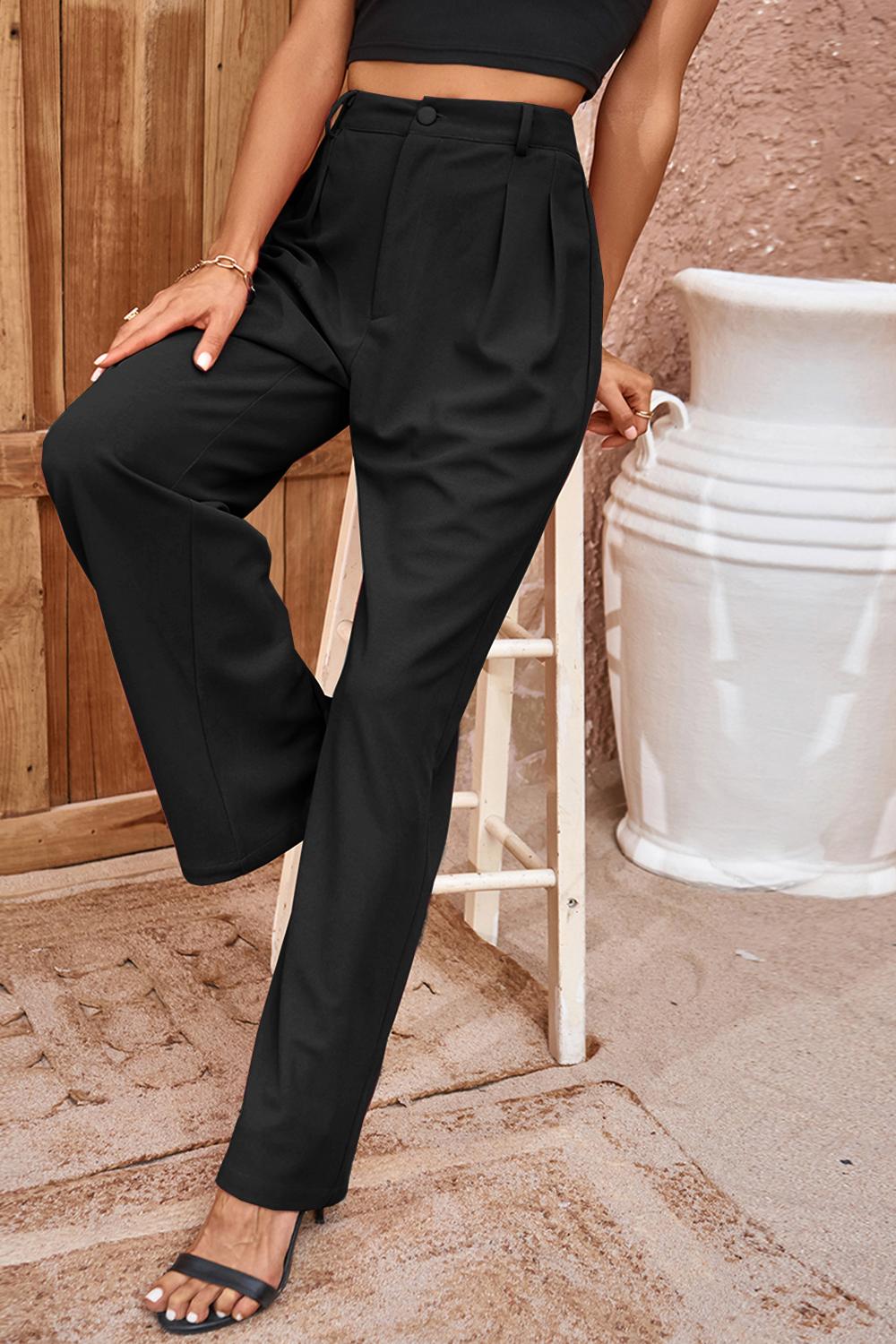 Pleated Detail Straight Leg Pants-Teresa&#39;s Fashionista LLC