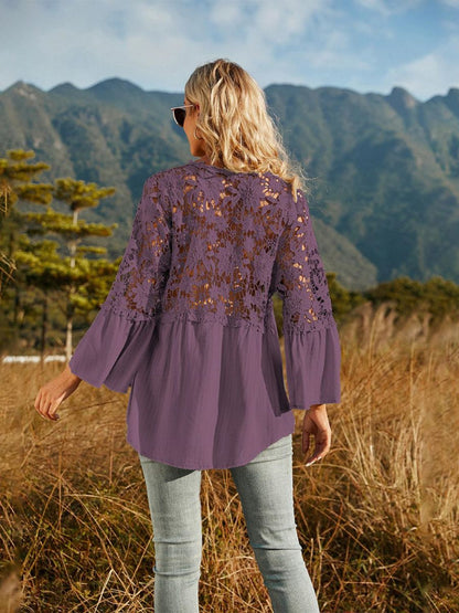 Spliced Lace Buttoned Blouse-Teresa&#39;s Fashionista LLC