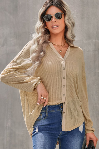 Button Front Dropped Shoulder Knit Shirt-Teresa&#39;s Fashionista LLC