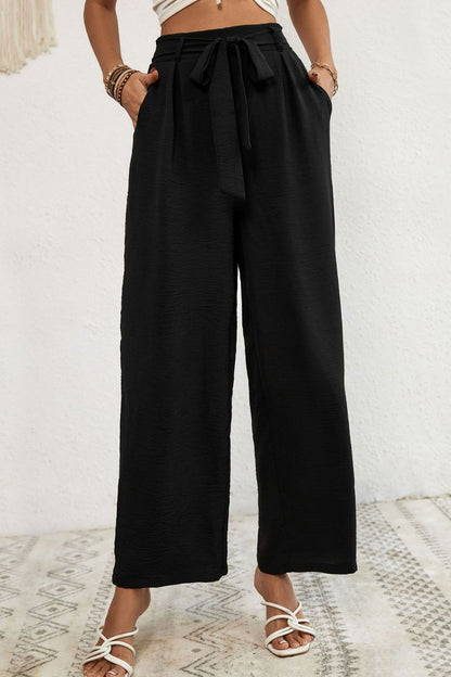 Belted Pleated Waist Wide Leg Pants-Teresa&#39;s Fashionista LLC