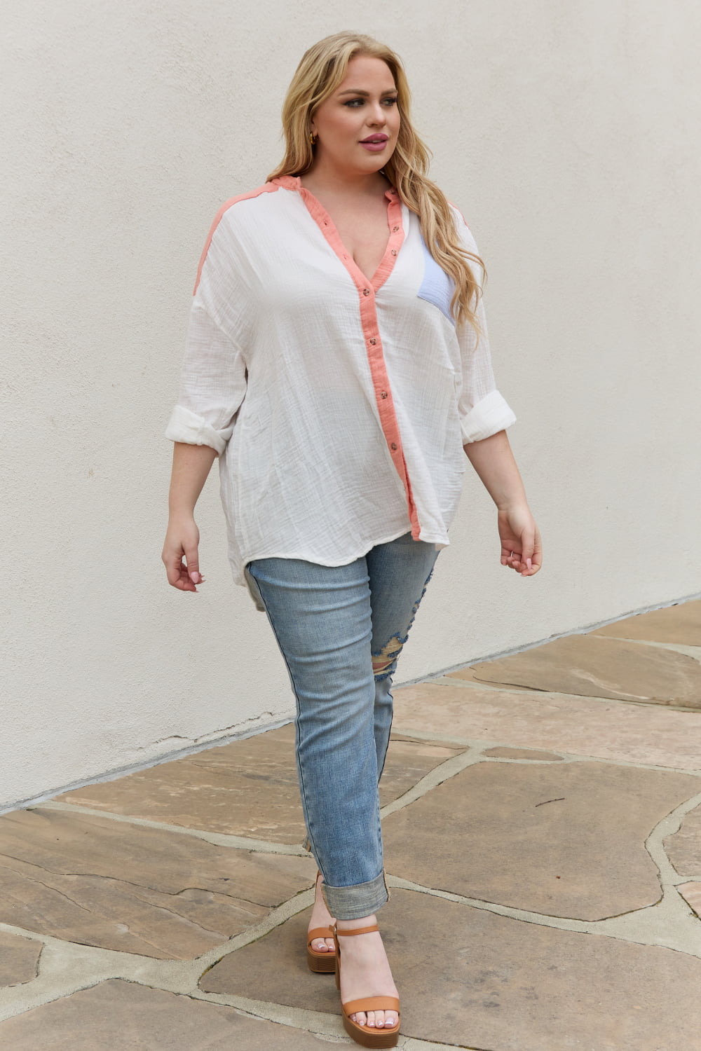 White Birch Full Size Color Block Woven Button Down Top-Teresa&#39;s Fashionista LLC