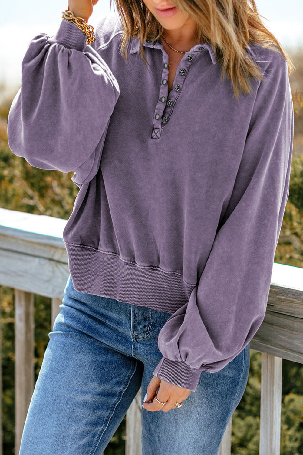 Quarter-Snap Collared Lantern Sleeve Sweatshirt-Teresa&#39;s Fashionista LLC