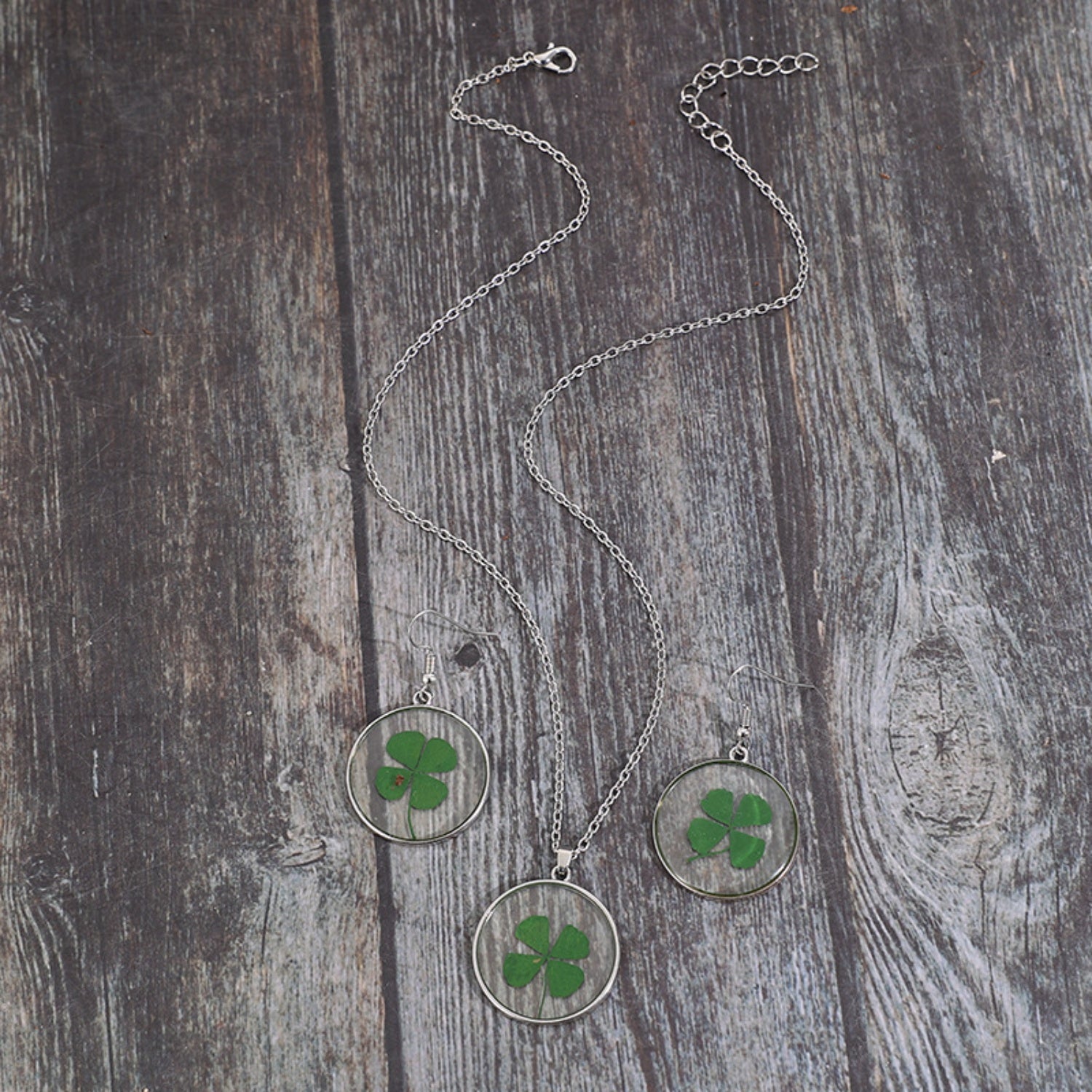 Lucky Clover Alloy Acrylic Earrings and Necklace Jewelry Set-Teresa&#39;s Fashionista LLC