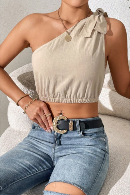 Cropped One-Shoulder Striped Tie Shoulder Tank-Teresa&#39;s Fashionista LLC