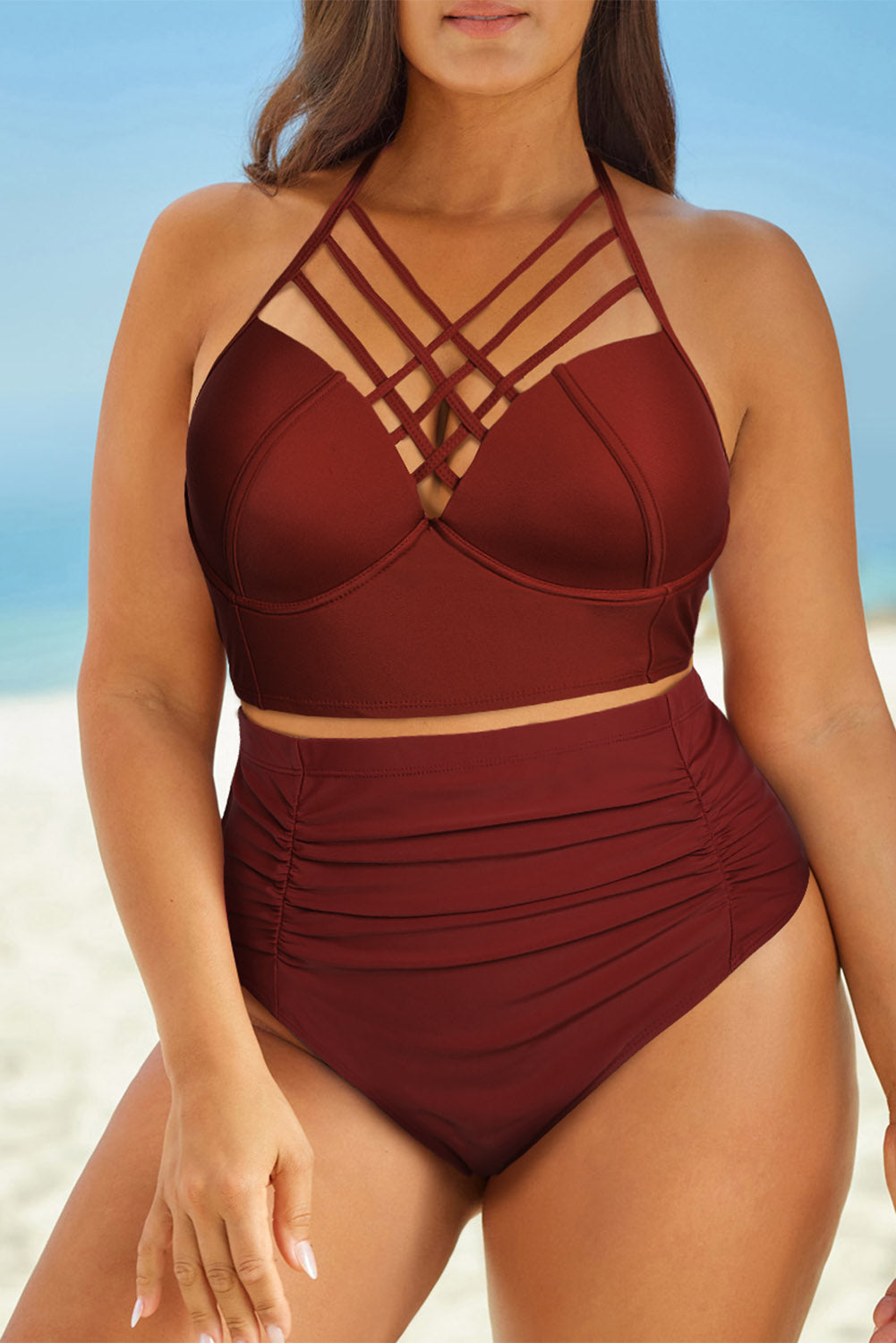 Halter Neck Crisscross Ruched Two-Piece Swimsuit-Teresa&#39;s Fashionista LLC