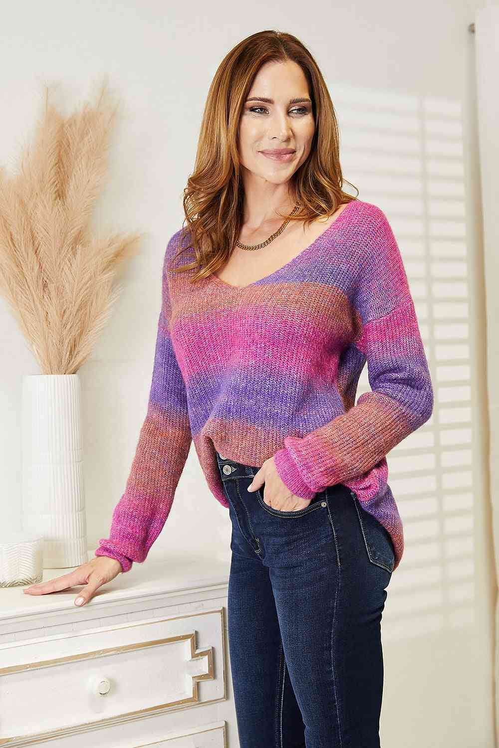 Double Take Multicolored Rib-Knit V-Neck Knit Pullover-Teresa&#39;s Fashionista LLC