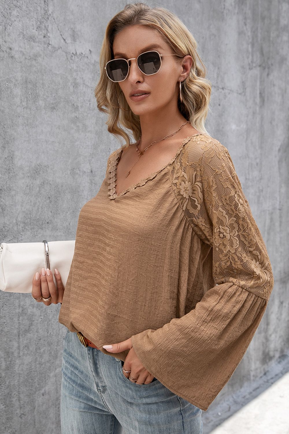 V-Neck Spliced Lace Flare Sleeve Top-Teresa&#39;s Fashionista LLC