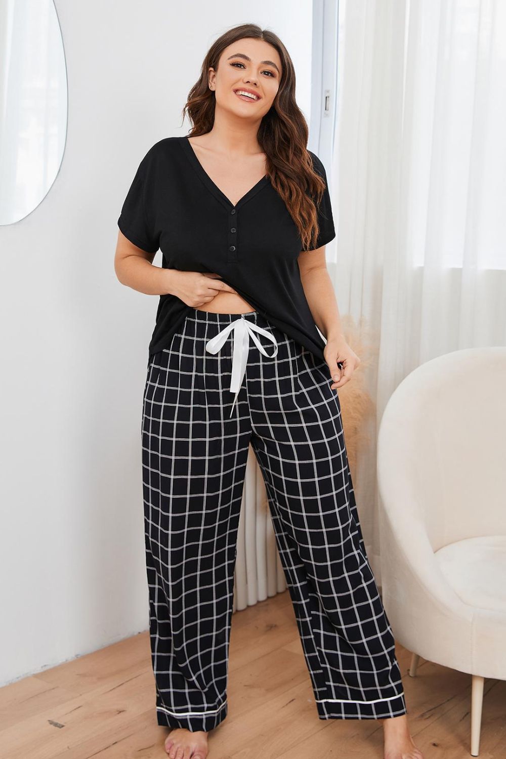 Plus Size V-Neck Top and Plaid Pants Lounge Set-Teresa&#39;s Fashionista LLC