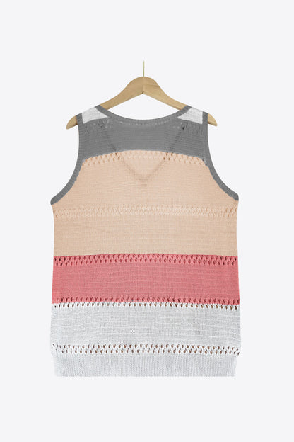 Striped Openwork V-Neck Knit Tank-Teresa&#39;s Fashionista LLC