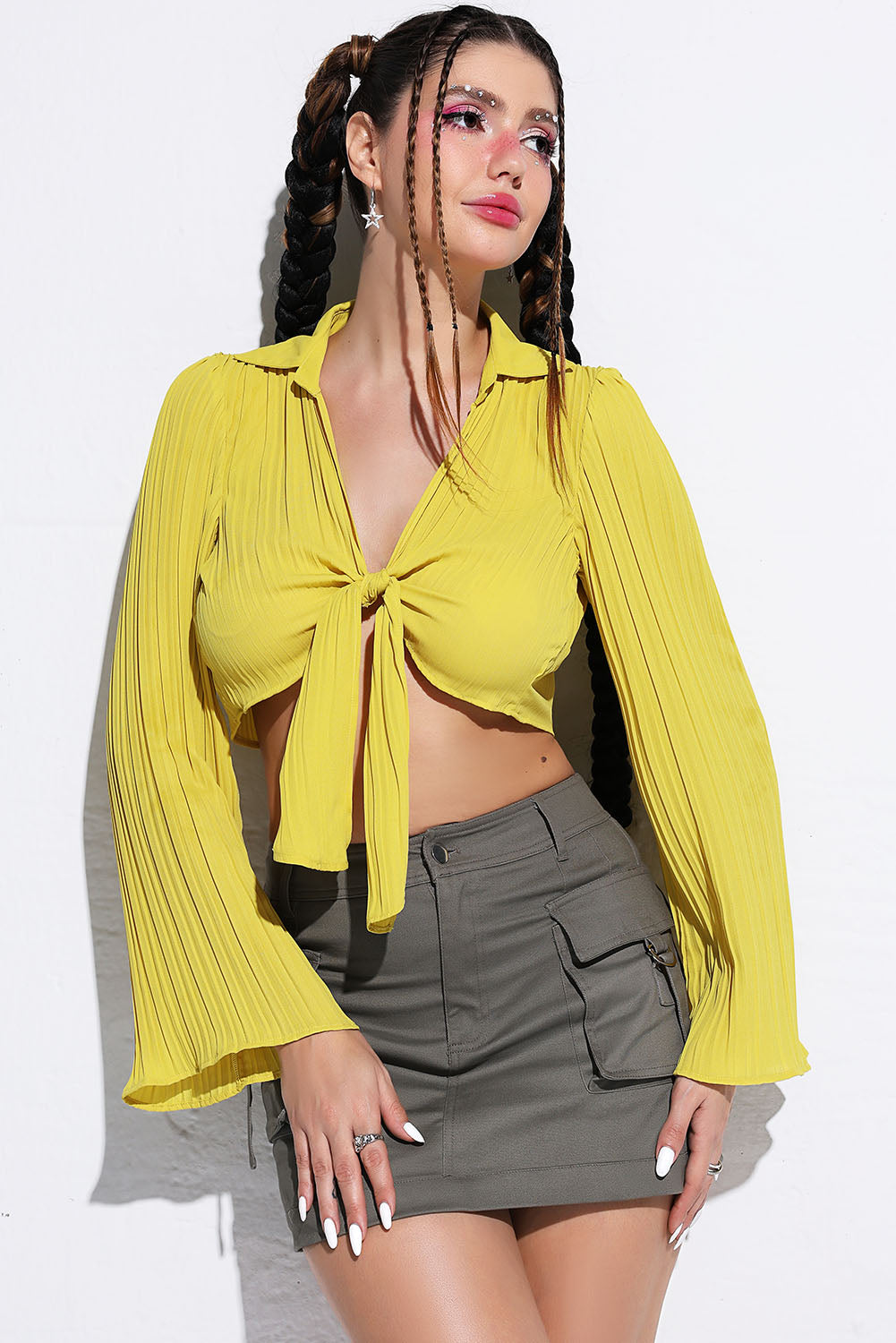 Tie Front Johnny Collar Flare Sleeve Cropped Top-Teresa&#39;s Fashionista LLC