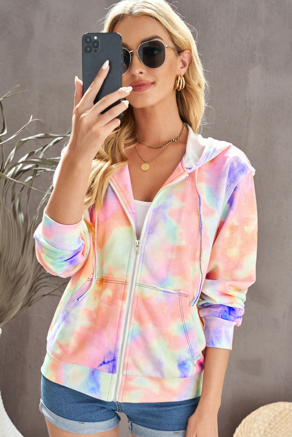 Tie-Dye Drawstring Detail Zip Up Hooded Jacket-Teresa&#39;s Fashionista LLC