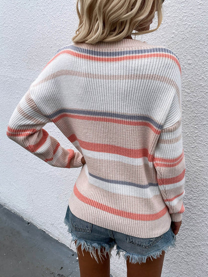 Striped Drop Shoulder Round Neck Pullover Sweater-Teresa&#39;s Fashionista LLC