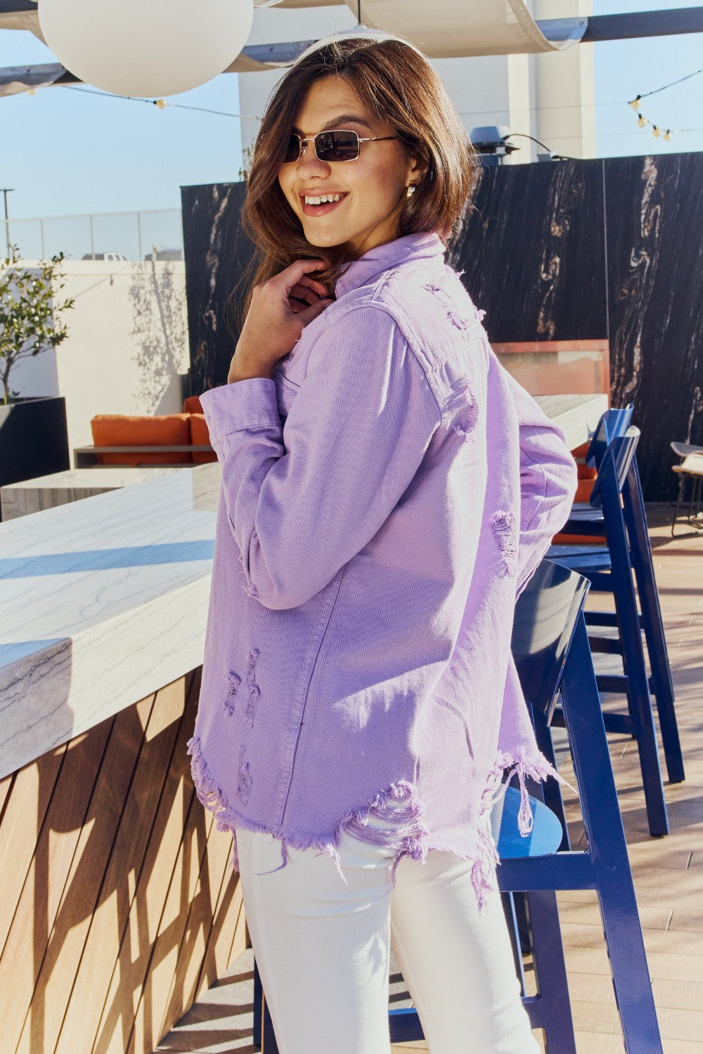 American Bazi Full Size Distressed Button Down Denim Jacket in Lavender-Teresa&#39;s Fashionista LLC