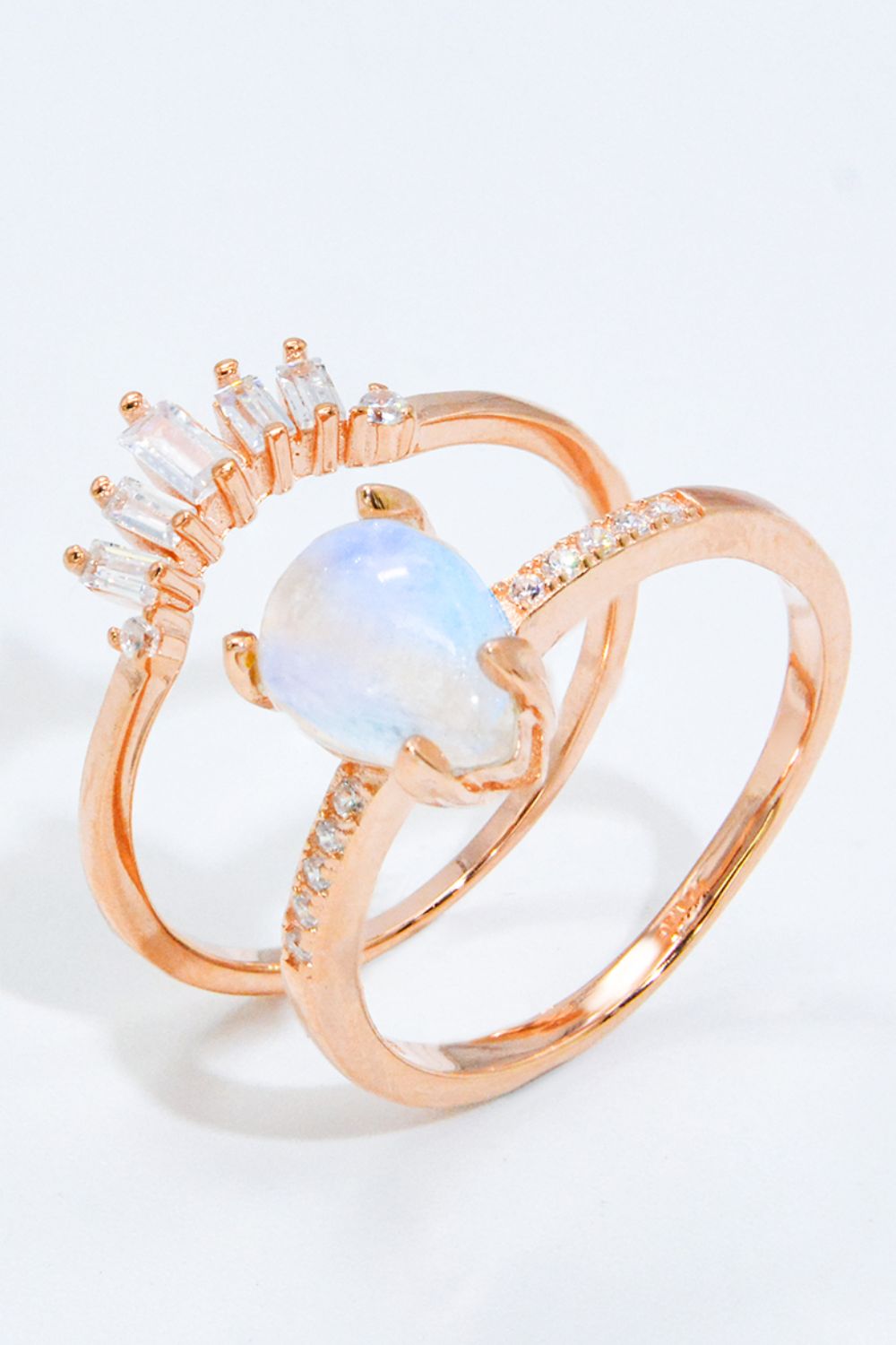 Natural Moonstone and Zircon 18K Rose Gold-Plated Two-Piece Ring Set-Teresa&#39;s Fashionista LLC