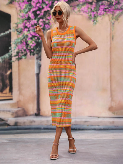 Striped Round Neck Sleeveless Midi Cover Up Dress-Teresa&#39;s Fashionista LLC