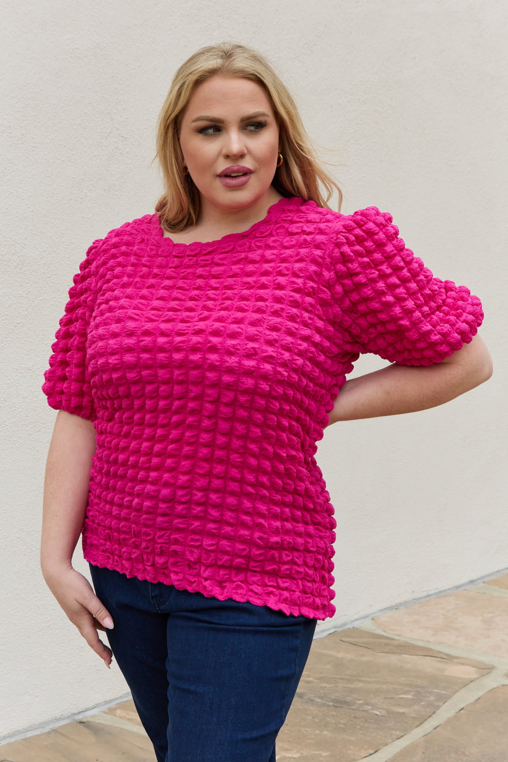 And The Why Full Size Bubble textured Puff Sleeve Top-Teresa&#39;s Fashionista LLC