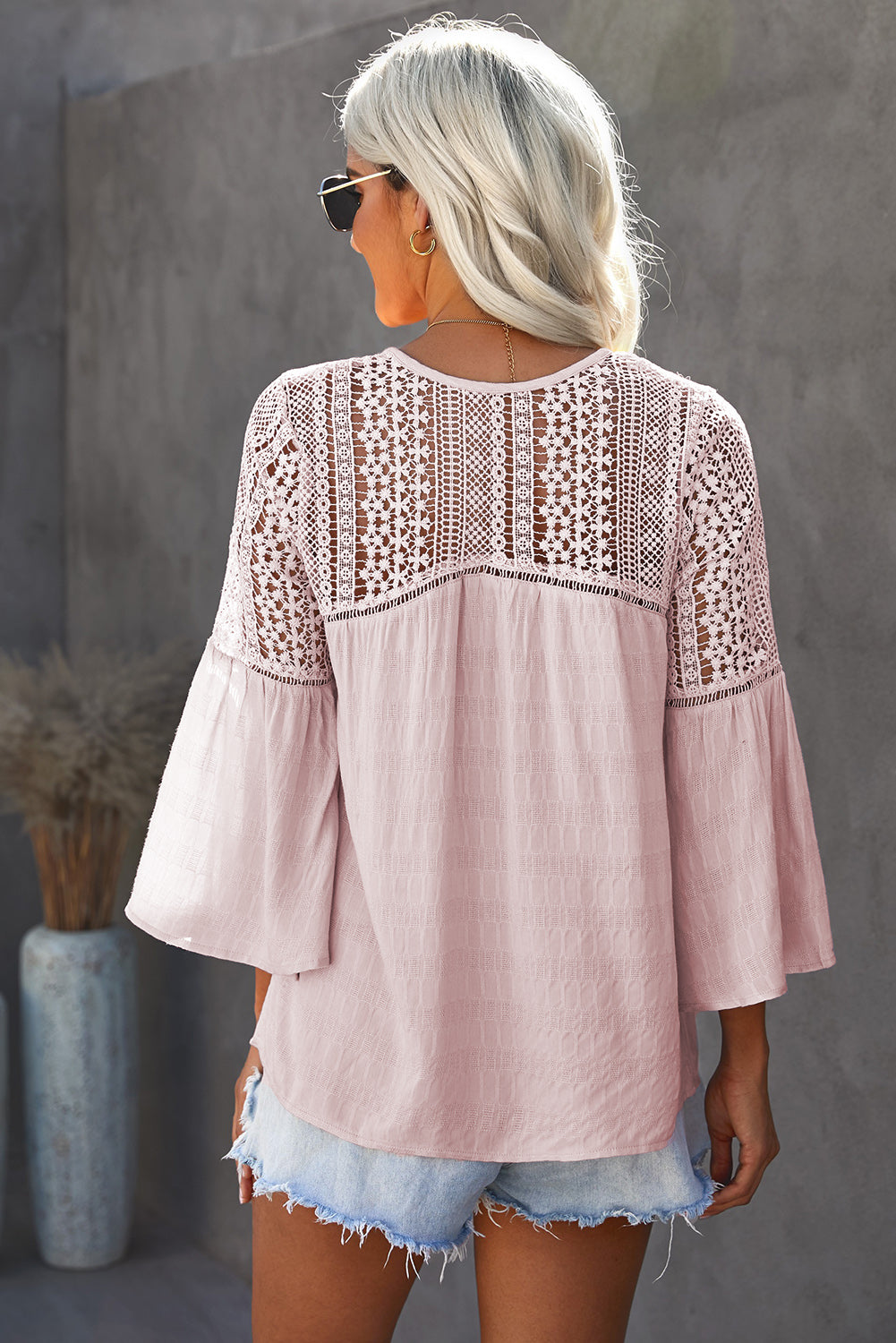 Flare Sleeve Spliced Lace V-Neck Shirt-Teresa&#39;s Fashionista LLC