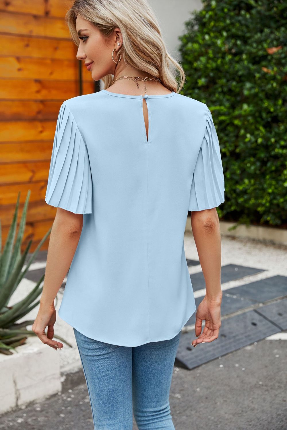 Pleated Flutter Sleeve Round Neck Blouse-Teresa&#39;s Fashionista LLC