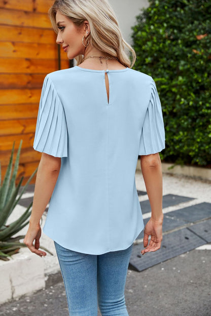 Pleated Flutter Sleeve Round Neck Blouse-Teresa&#39;s Fashionista LLC