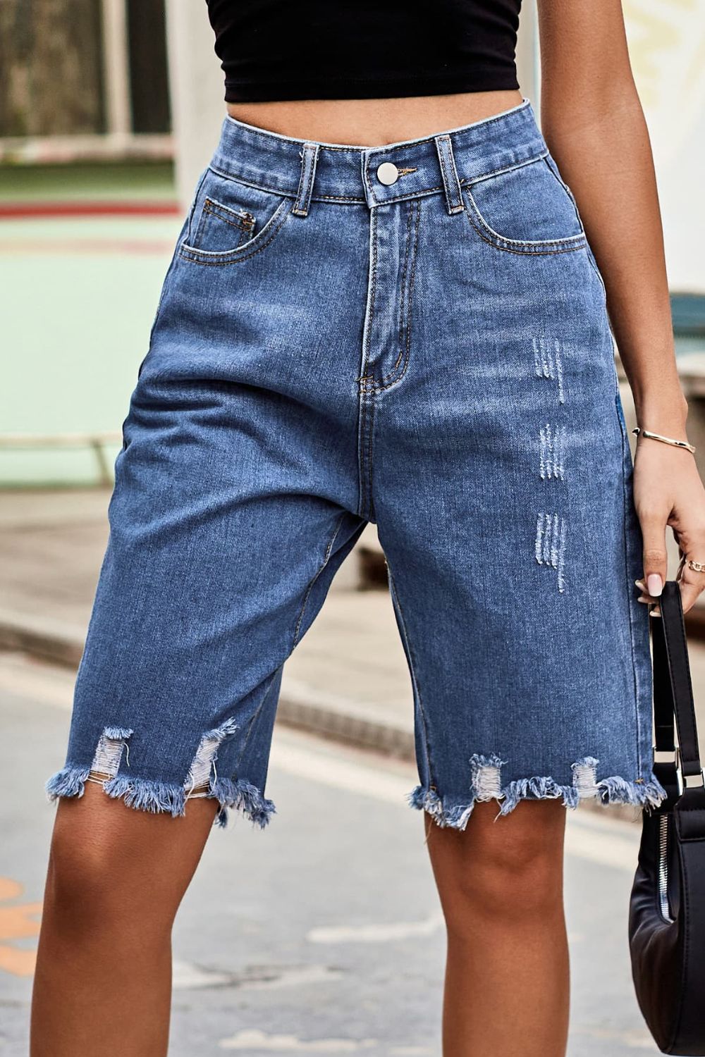 Raw Hem High Waist Denim Shorts with Pockets-Teresa&#39;s Fashionista LLC