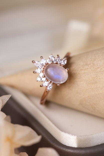 High Quality Natural Moonstone 18K Rose Gold-Plated 925 Sterling Silver Ring-Teresa&#39;s Fashionista LLC