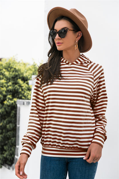 Horizontal Stripe Raglan Sleeve Hoodie-Teresa&#39;s Fashionista LLC