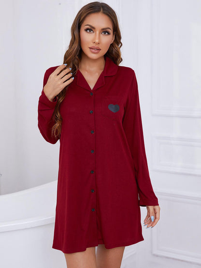 Heart Graphic Lapel Collar Long Sleeve Night Dress-Teresa&#39;s Fashionista LLC