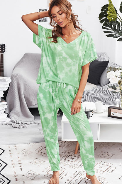 Tie-Dye V-Neck Tee and Joggers Lounge Set-Teresa&#39;s Fashionista LLC