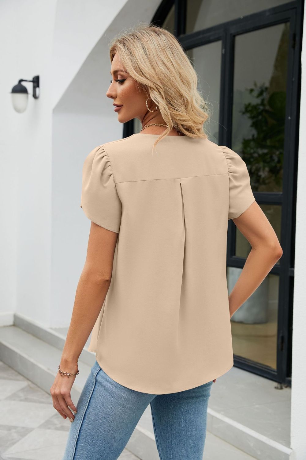 Petal Sleeve V-Neck Top-Teresa&#39;s Fashionista LLC