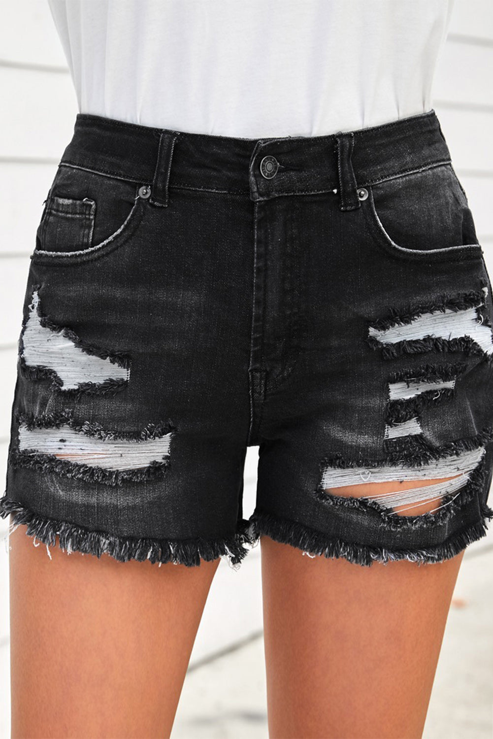 Raw Hem Distressed Denim Shorts with Pockets-Teresa&#39;s Fashionista LLC