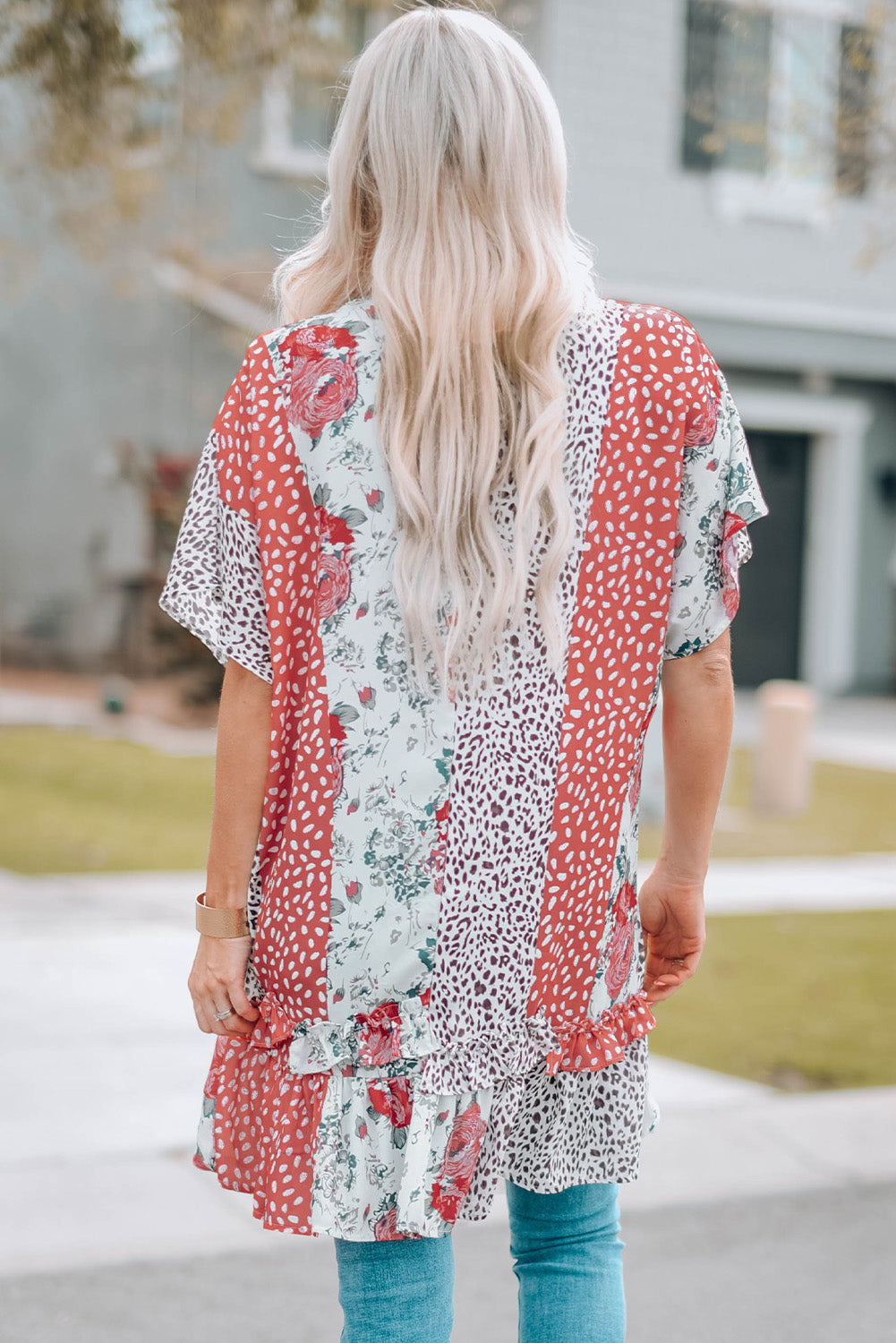 Mixed Print Ruffle Hem Kimono-Teresa&#39;s Fashionista LLC