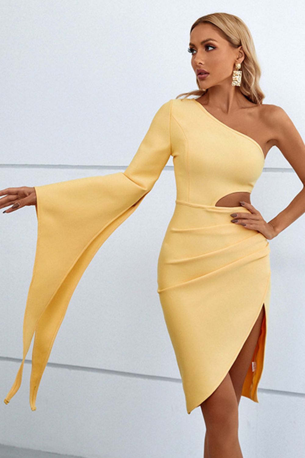 Cutout Split Flare Sleeve One-Shoulder Dress-Teresa&#39;s Fashionista LLC