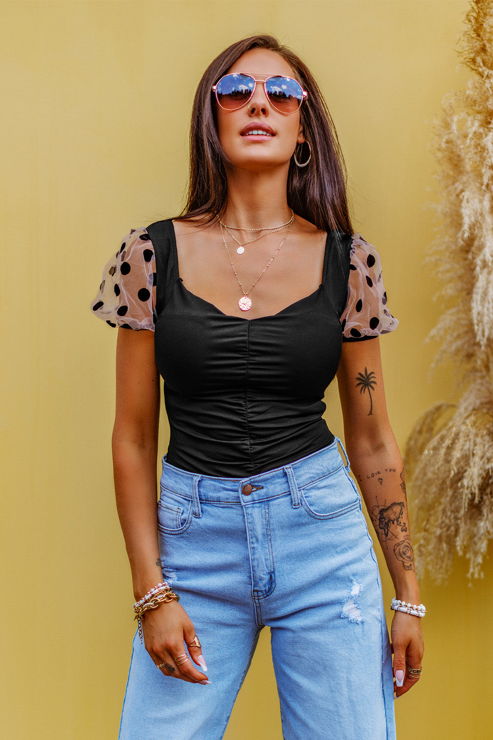 Polka Dot Mesh Puff Sleeve Spliced Bodysuit-Teresa&#39;s Fashionista LLC