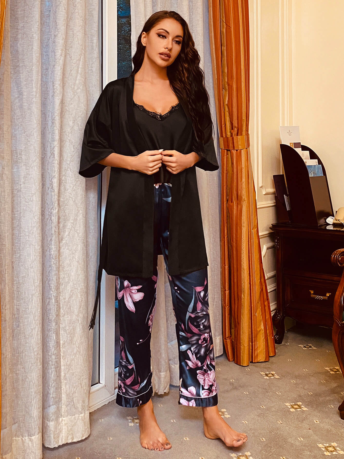 Cami, Robe, and Printed Pants Pajama Set-Teresa&#39;s Fashionista LLC