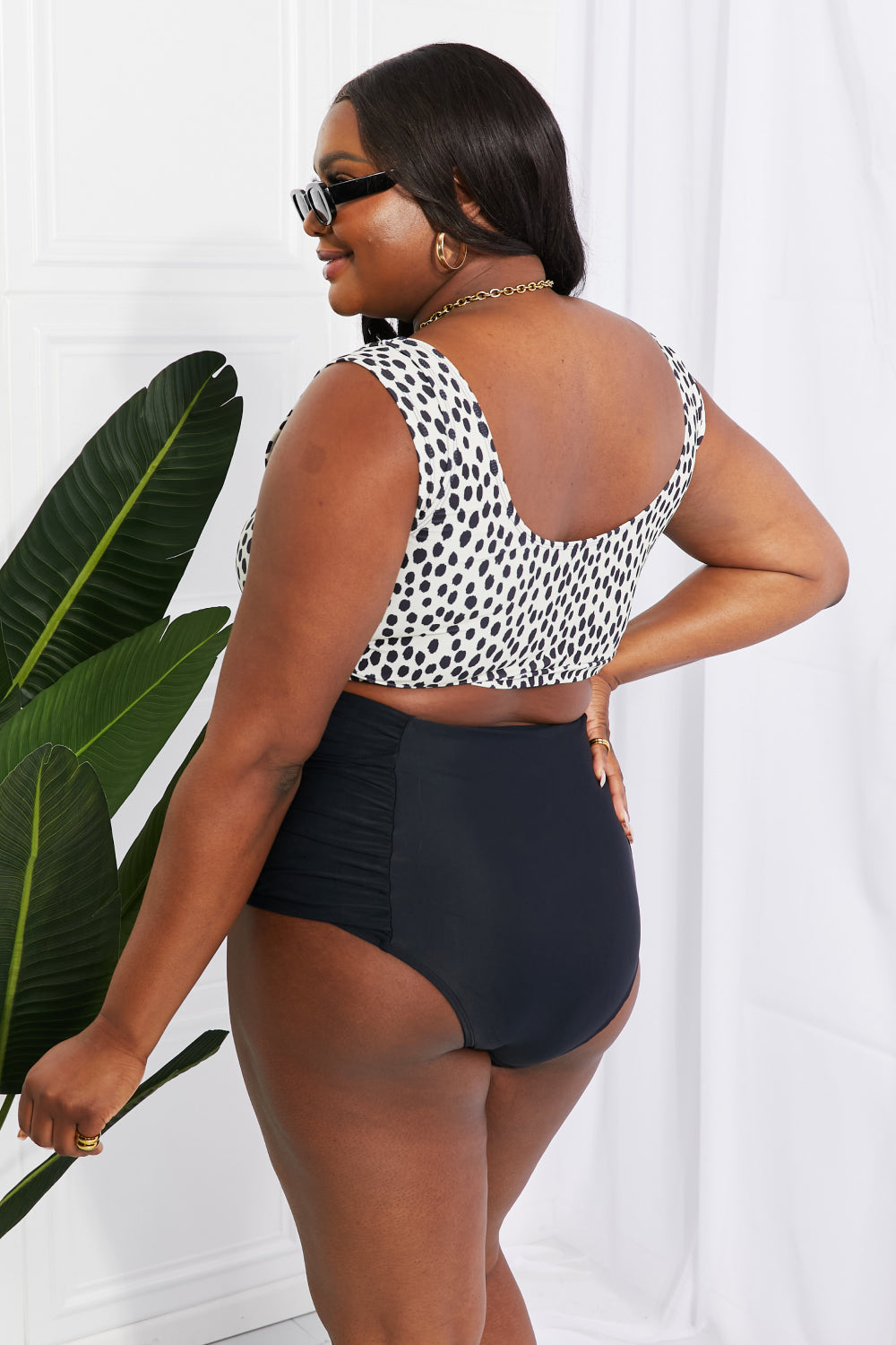 Marina West Swim Sanibel Crop Swim Top and Ruched Bottoms Set in Black-Teresa&#39;s Fashionista LLC