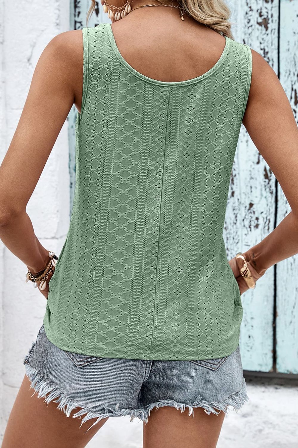 Decorative Button Hem Detail Eyelet Tank-Teresa&#39;s Fashionista LLC