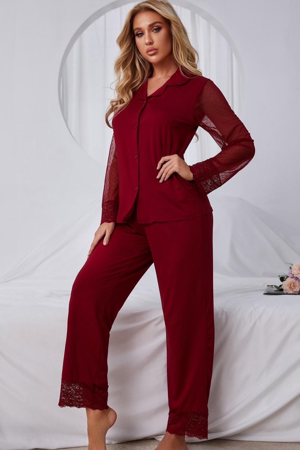 Spliced Lace Lapel Collar Pajama Set-Teresa&#39;s Fashionista LLC