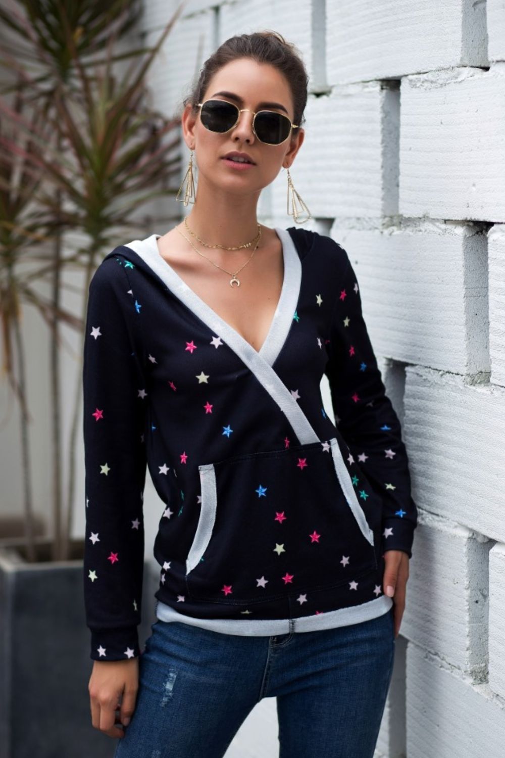 Star Print Kangaroo Pocket Hoodie-Teresa&#39;s Fashionista LLC