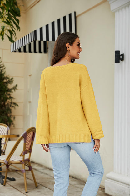 Drop Shoulder V-Neck Knit Pullover-Teresa&#39;s Fashionista LLC