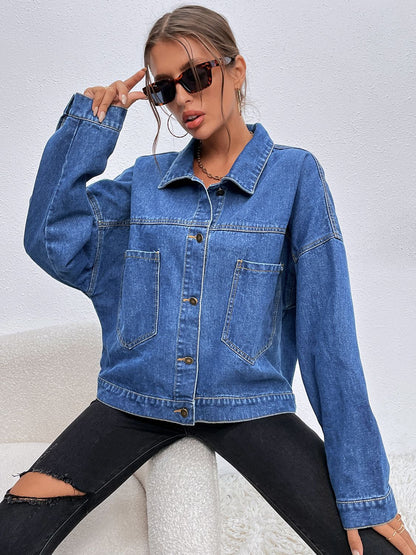 Collared Neck Dropped Shoulder Denim Jacket-Teresa&#39;s Fashionista LLC