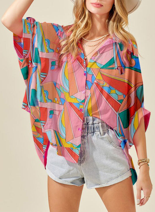 Printed Dolman Sleeve Collared Shirt-Teresa&#39;s Fashionista LLC