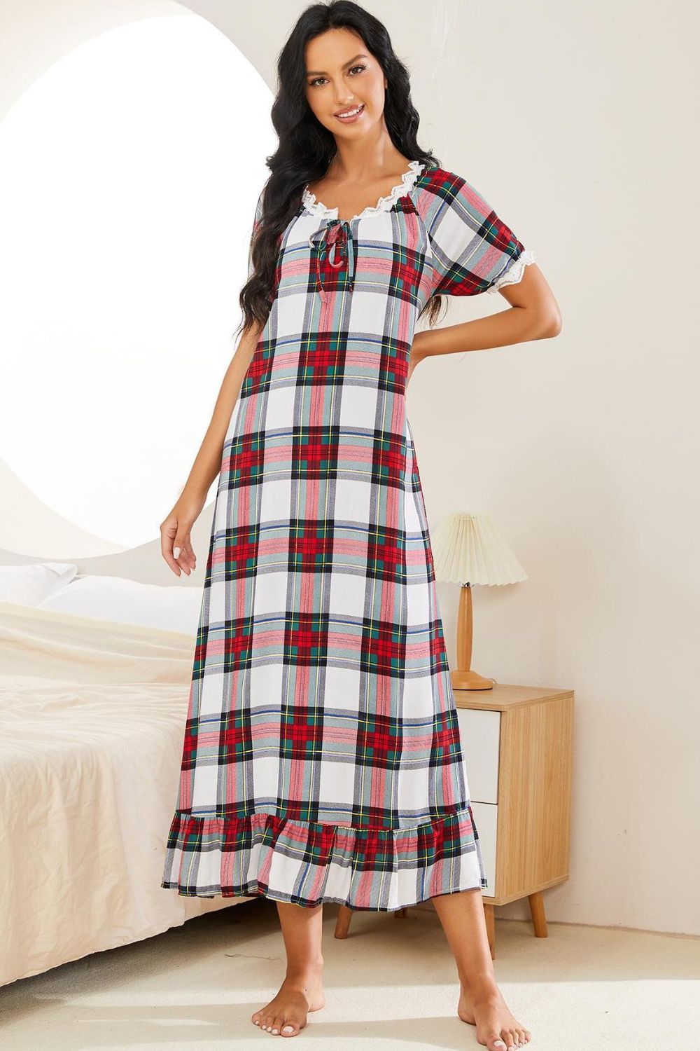 Plaid Lace Trim Ruffle Hem Night Dress-Teresa&#39;s Fashionista LLC